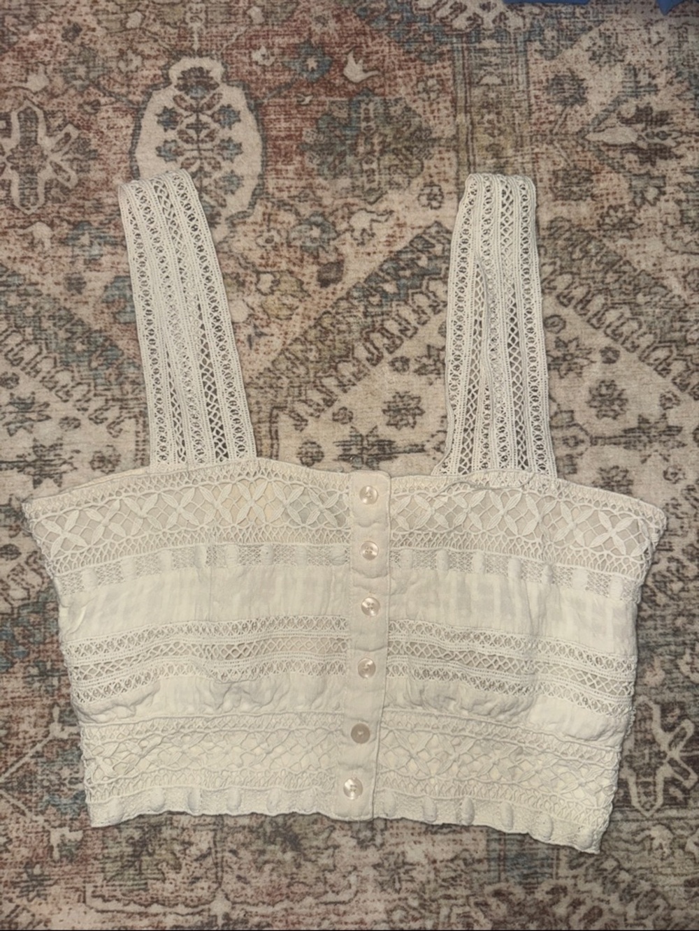 American Eagle Outfitters White Lace Button-Front Cropped Tank
